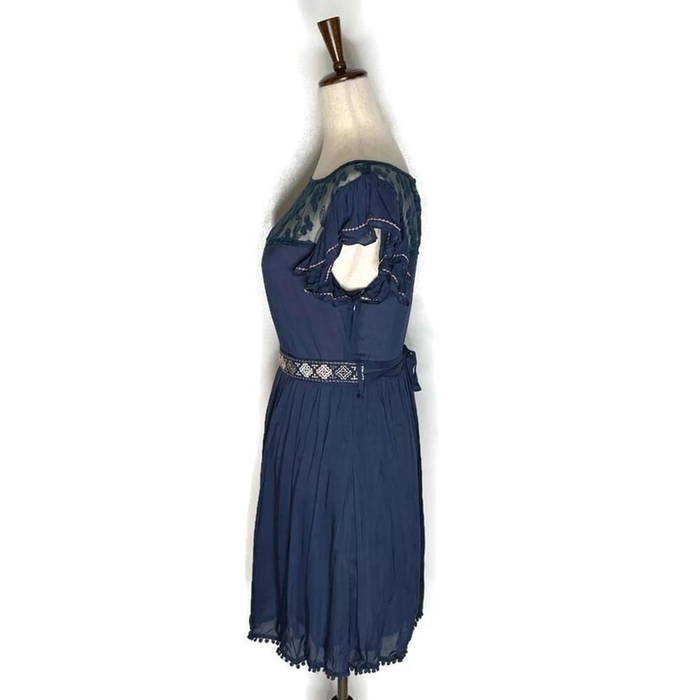 Moon Collection Blue Lace Ruffle Sleeve Embroidered Belted Pom Pom Lined Dress S - Picture 2 of 8
